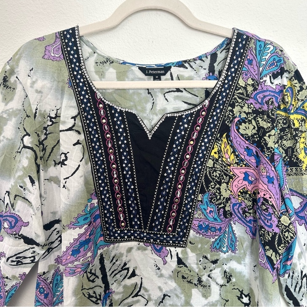 J. Peterman Embroidered Beaded Blouse Top Tunic Boho Festival Resort Size Medium - Picture 4 of 15